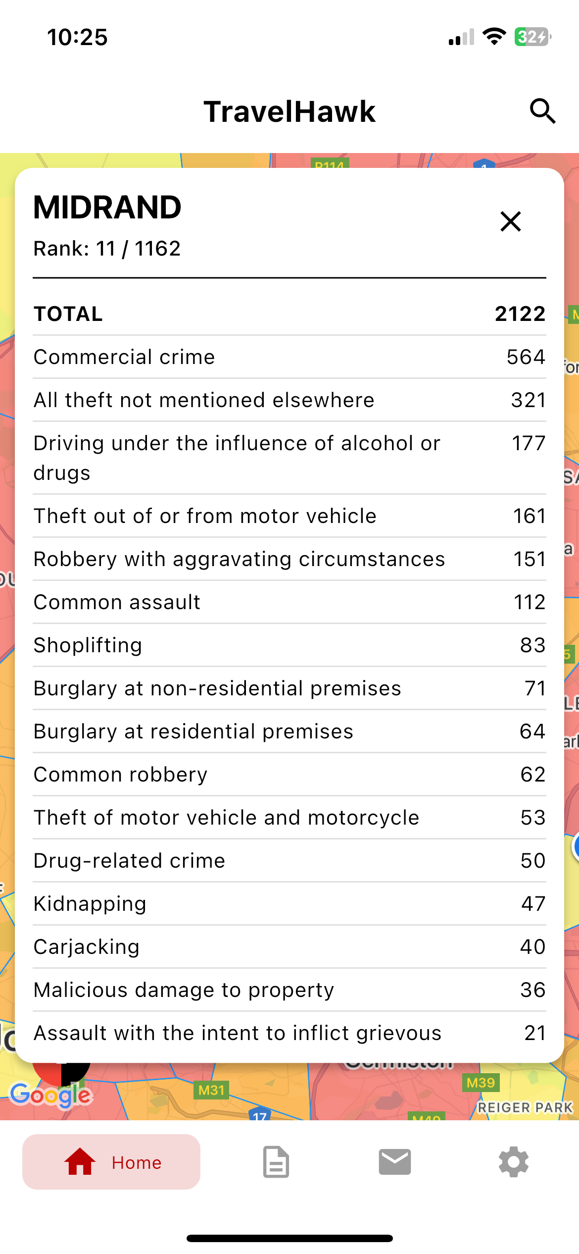 TravelHawk app displaying detailed crime statistics for a precinct